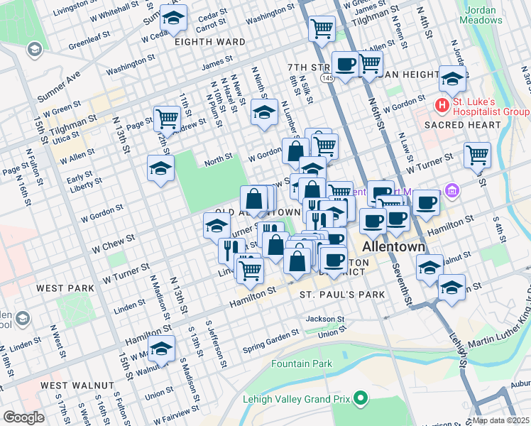 map of restaurants, bars, coffee shops, grocery stores, and more near 213 North 10th Street in Allentown
