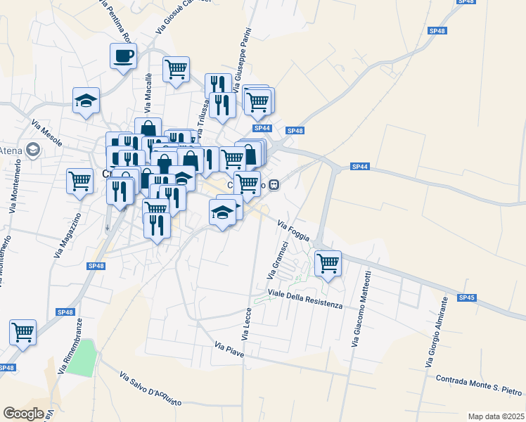map of restaurants, bars, coffee shops, grocery stores, and more near Strada Provinciale 45 in Crispiano