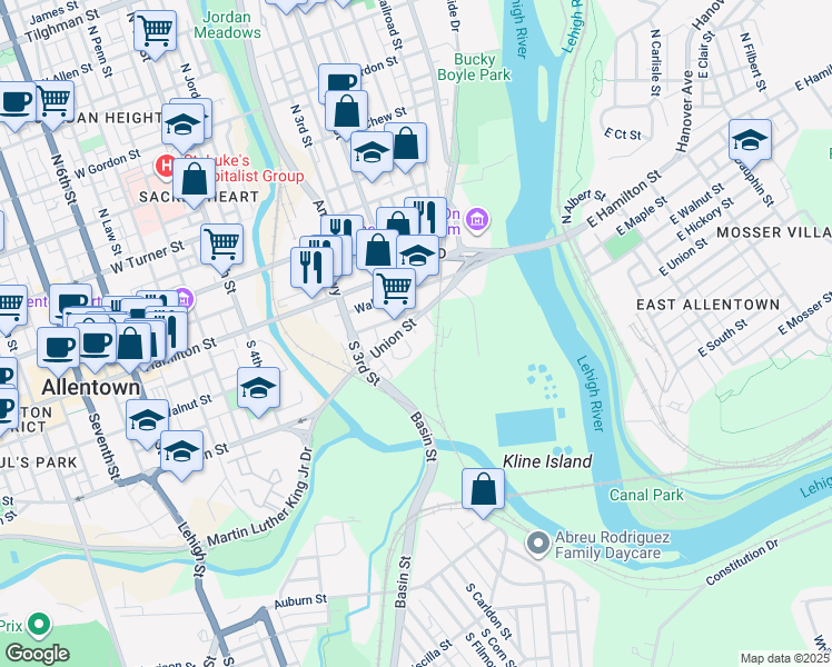map of restaurants, bars, coffee shops, grocery stores, and more near 214 South 2nd Street in Allentown