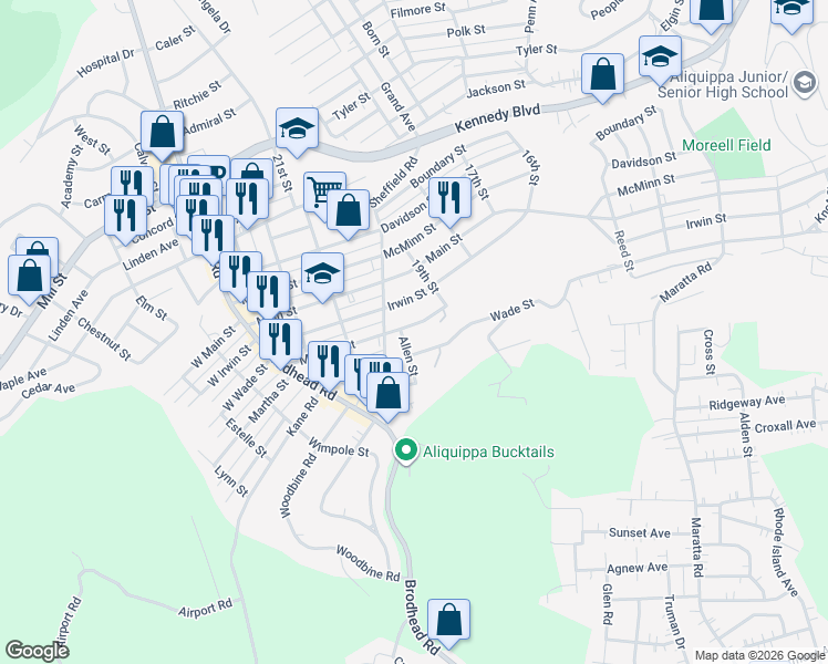 map of restaurants, bars, coffee shops, grocery stores, and more near 1925 McLean Street in Aliquippa