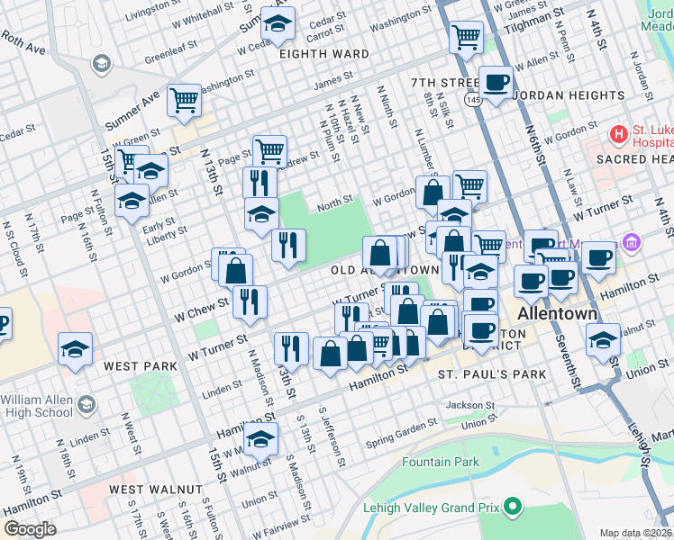 map of restaurants, bars, coffee shops, grocery stores, and more near 223 11th Street in Allentown