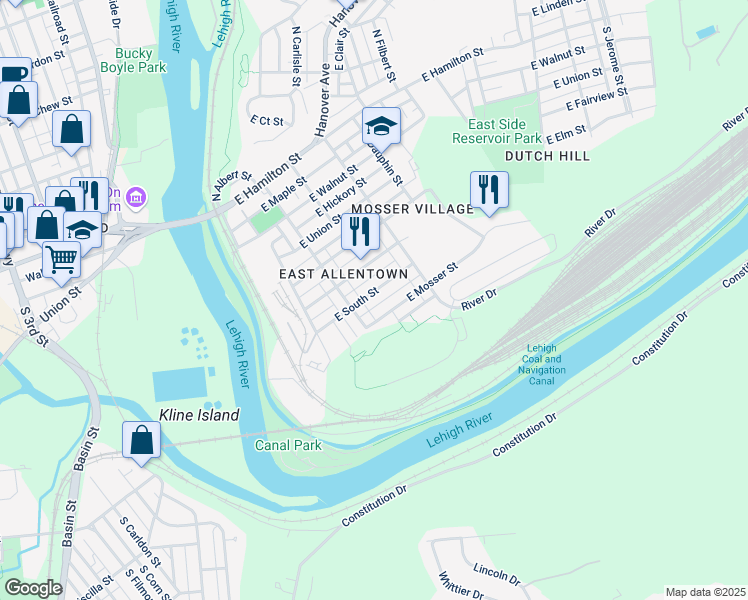map of restaurants, bars, coffee shops, grocery stores, and more near 505 South Bradford Street in Allentown