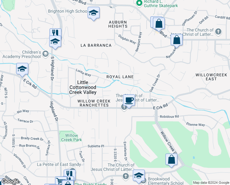 map of restaurants, bars, coffee shops, grocery stores, and more near 8122 South Willow Creek Cove in Cottonwood Heights
