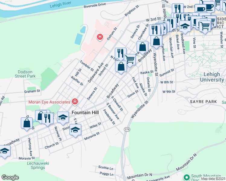 map of restaurants, bars, coffee shops, grocery stores, and more near in Fountain Hill