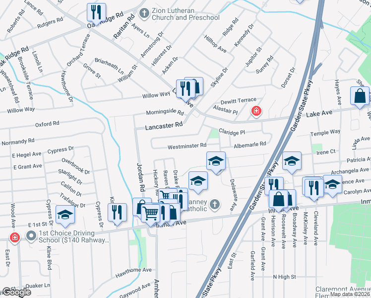 map of restaurants, bars, coffee shops, grocery stores, and more near 55 Westminster Road in Woodbridge Township