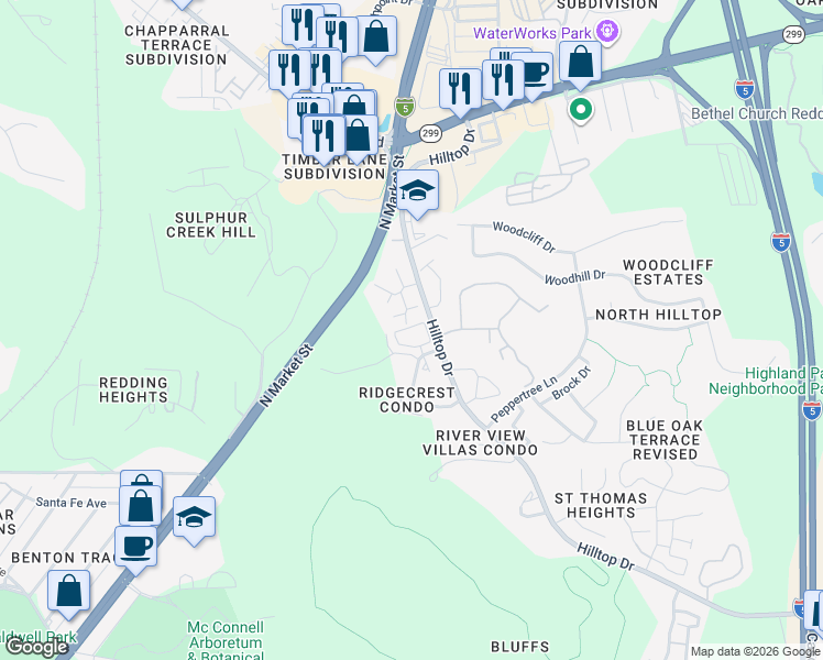 map of restaurants, bars, coffee shops, grocery stores, and more near 481 Ridgecrest Trail in Redding