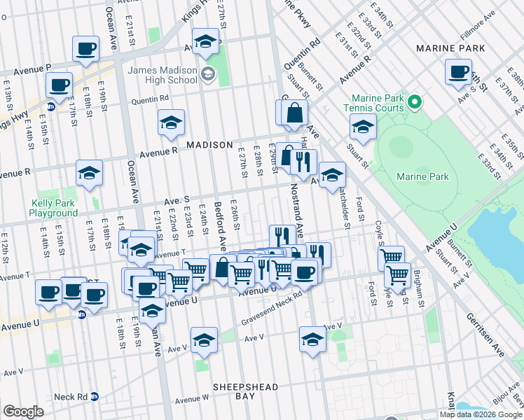 map of restaurants, bars, coffee shops, grocery stores, and more near 1940 East 28th Street in Brooklyn