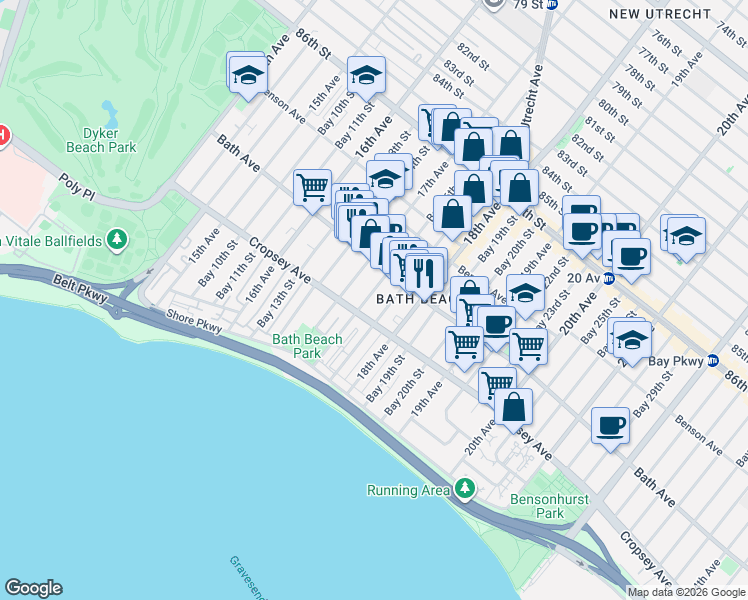 map of restaurants, bars, coffee shops, grocery stores, and more near 8811 Bay 16th Street in Brooklyn