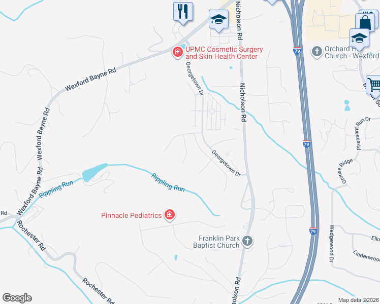 map of restaurants, bars, coffee shops, grocery stores, and more near 2812 De Paul Court in Sewickley