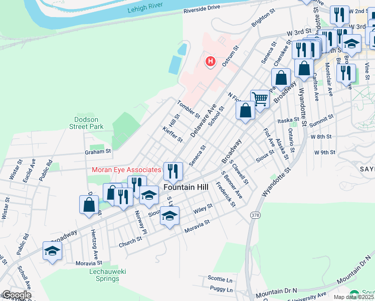 map of restaurants, bars, coffee shops, grocery stores, and more near 1048 Delaware Avenue in Fountain Hill