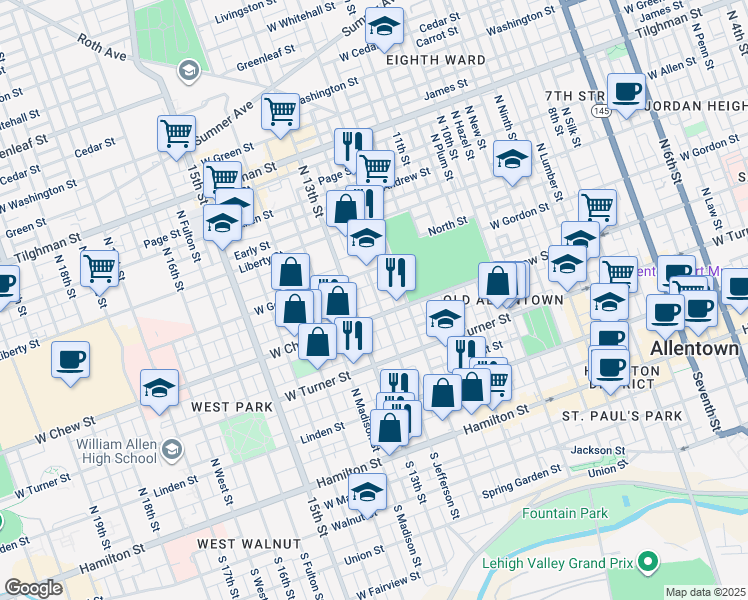 map of restaurants, bars, coffee shops, grocery stores, and more near 316 North Jefferson Street in Allentown