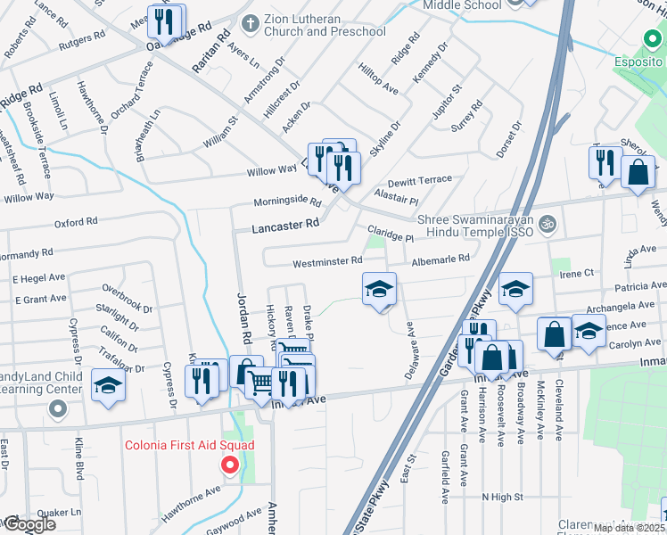 map of restaurants, bars, coffee shops, grocery stores, and more near 55 Westminster Road in Woodbridge Township