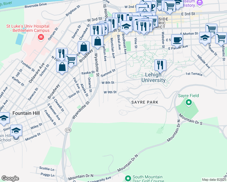 map of restaurants, bars, coffee shops, grocery stores, and more near 314 West 9th Street in Bethlehem