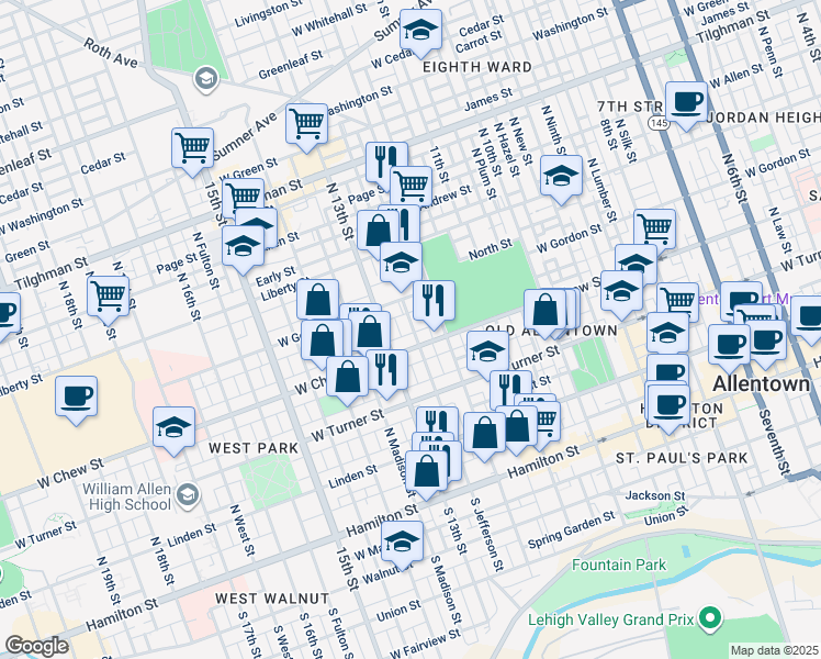 map of restaurants, bars, coffee shops, grocery stores, and more near 316 North Jefferson Street in Allentown
