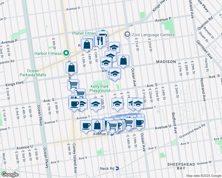 map of restaurants, bars, coffee shops, grocery stores, and more near 1601 Avenue S in Brooklyn