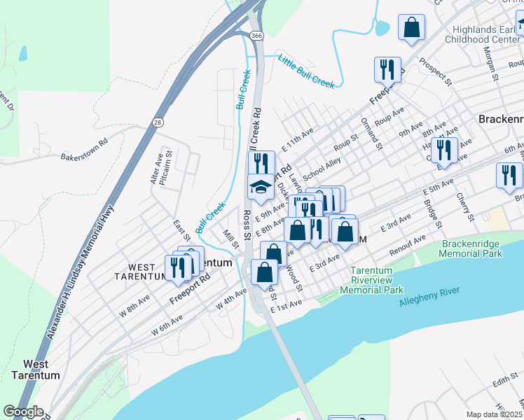 map of restaurants, bars, coffee shops, grocery stores, and more near 101 East 9th Avenue in Tarentum