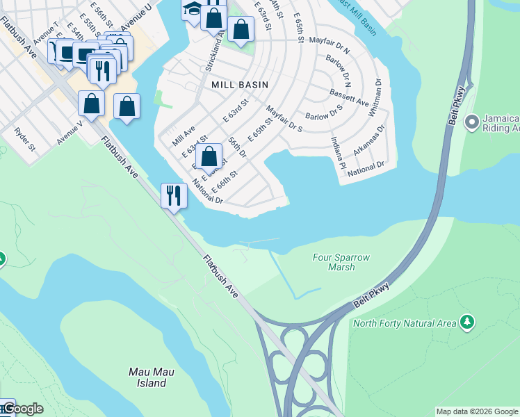map of restaurants, bars, coffee shops, grocery stores, and more near 2428 National Drive in Brooklyn
