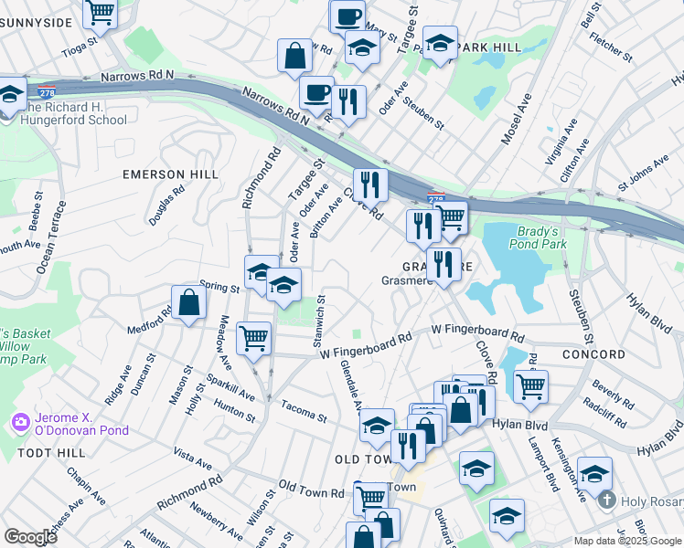 map of restaurants, bars, coffee shops, grocery stores, and more near 12 Alan Loop in Staten Island