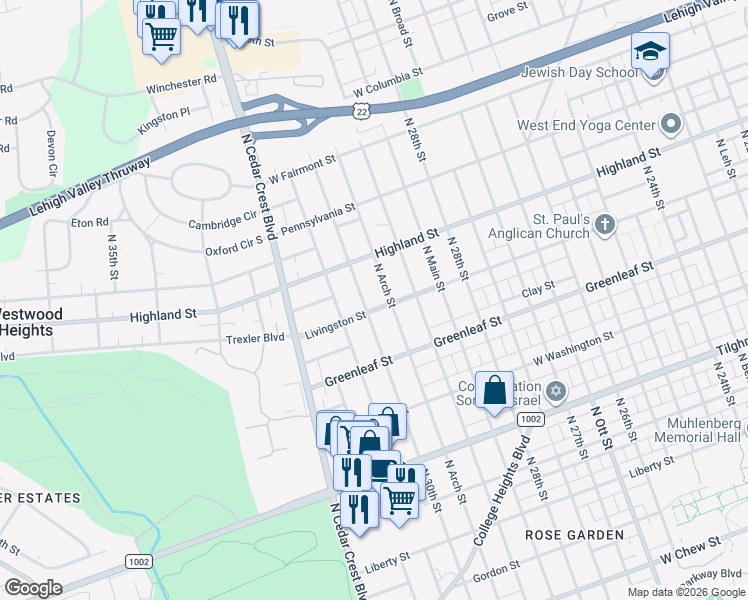map of restaurants, bars, coffee shops, grocery stores, and more near 3003 Livingston Street in Allentown