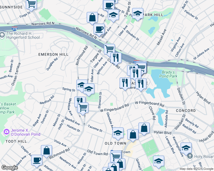 map of restaurants, bars, coffee shops, grocery stores, and more near 12 Alan Loop in Staten Island