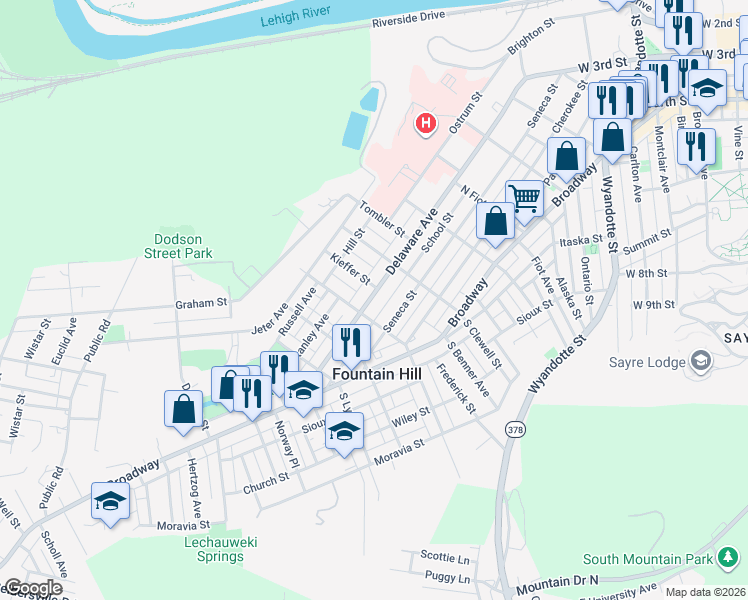 map of restaurants, bars, coffee shops, grocery stores, and more near in Fountain Hill