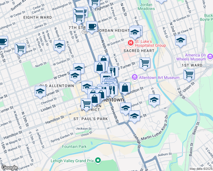 map of restaurants, bars, coffee shops, grocery stores, and more near in Allentown