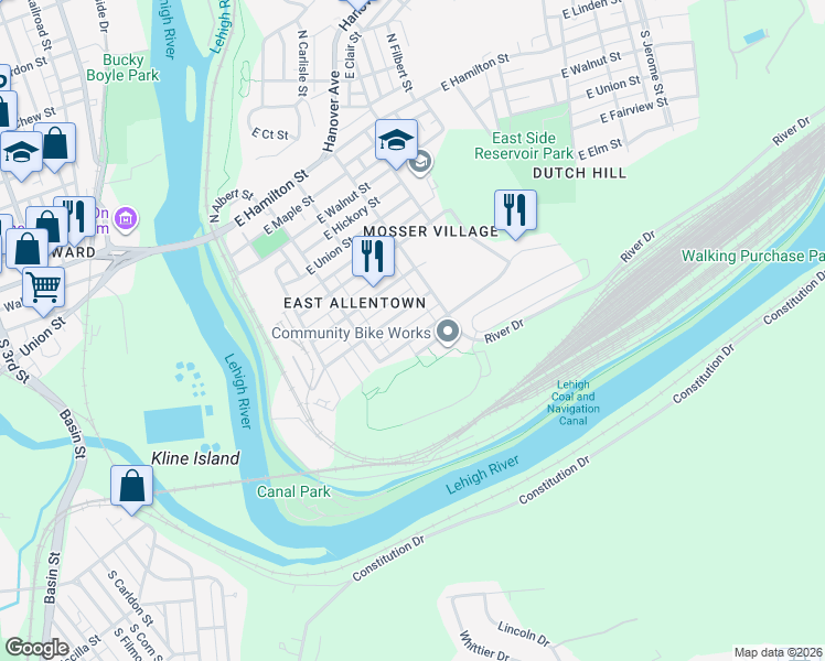map of restaurants, bars, coffee shops, grocery stores, and more near 247 East Mosser Street in Allentown