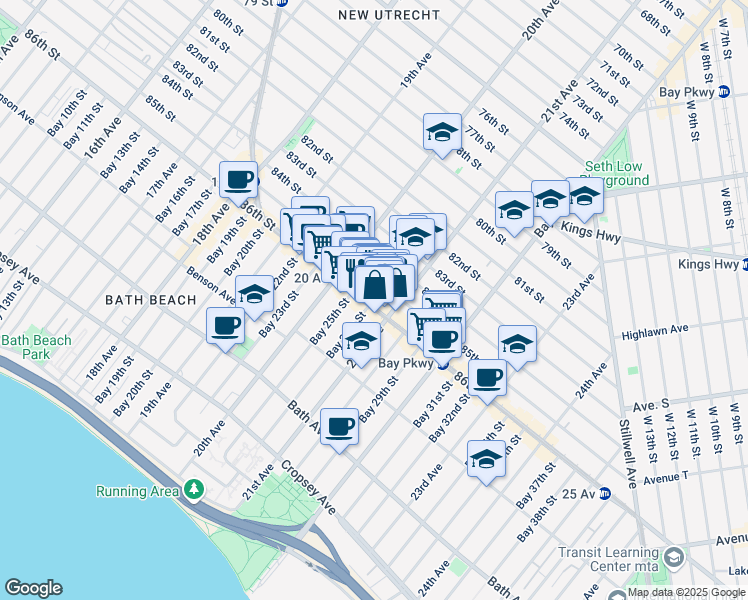 map of restaurants, bars, coffee shops, grocery stores, and more near 2071 86th Street in Brooklyn