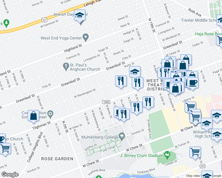 map of restaurants, bars, coffee shops, grocery stores, and more near 737 North 23rd Street in Allentown