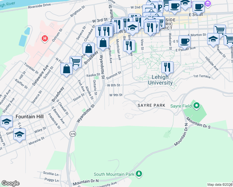 map of restaurants, bars, coffee shops, grocery stores, and more near 314 West 9th Street in Bethlehem