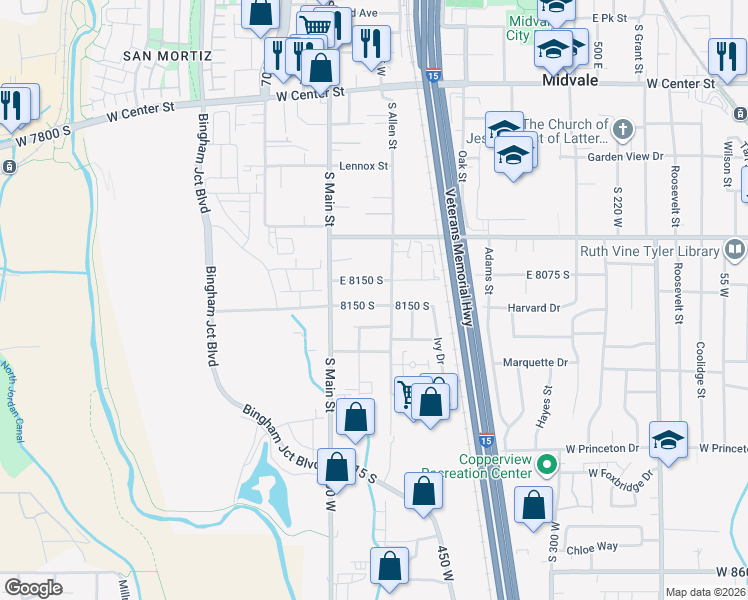 map of restaurants, bars, coffee shops, grocery stores, and more near 626 Ivy Drive in Midvale