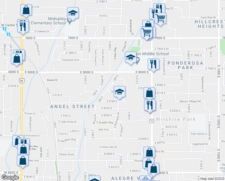 map of restaurants, bars, coffee shops, grocery stores, and more near 462 8120 South in Sandy