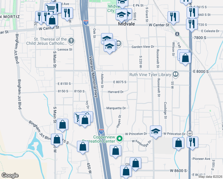 map of restaurants, bars, coffee shops, grocery stores, and more near 373 Harvard Drive in Midvale