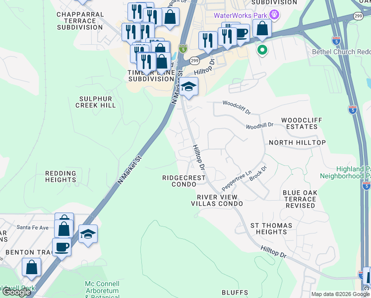 map of restaurants, bars, coffee shops, grocery stores, and more near 481 Ridgecrest Trail in Redding