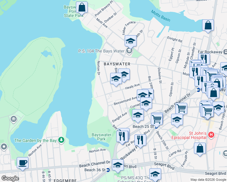 map of restaurants, bars, coffee shops, grocery stores, and more near 29-21 Healy Avenue in Queens