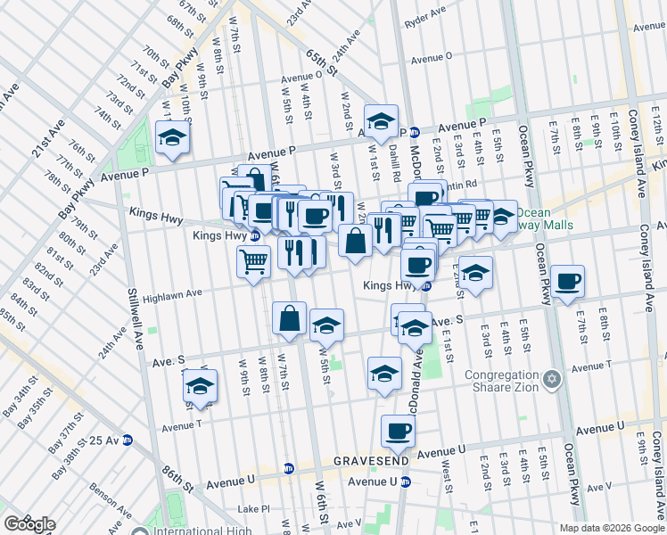 map of restaurants, bars, coffee shops, grocery stores, and more near 1802 West 4th Street in Brooklyn