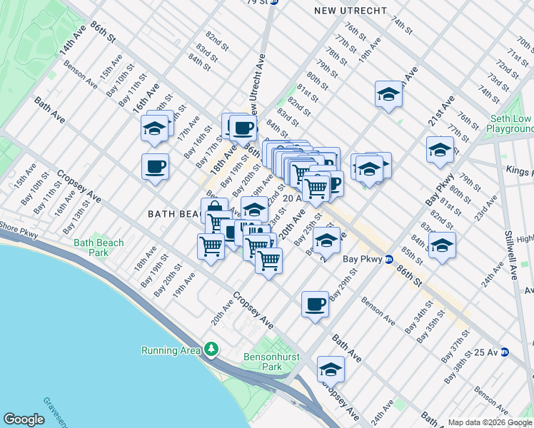 map of restaurants, bars, coffee shops, grocery stores, and more near 88 Bay 23rd Street in Brooklyn