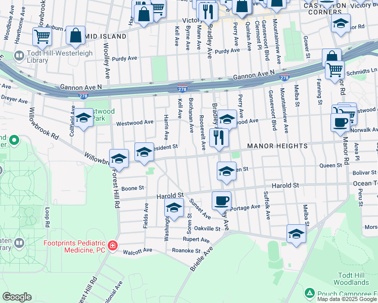 map of restaurants, bars, coffee shops, grocery stores, and more near 22 Fillmore Avenue in Staten Island