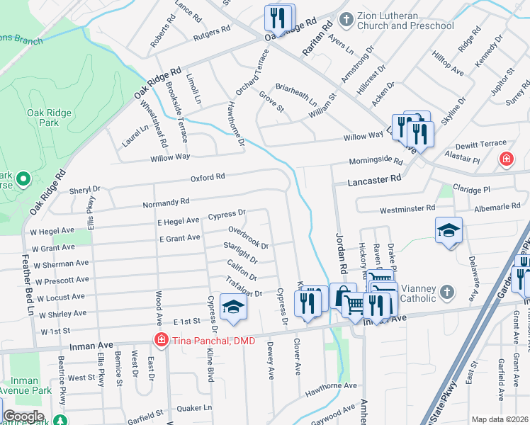 map of restaurants, bars, coffee shops, grocery stores, and more near 12 Dellwood Court in Woodbridge Township