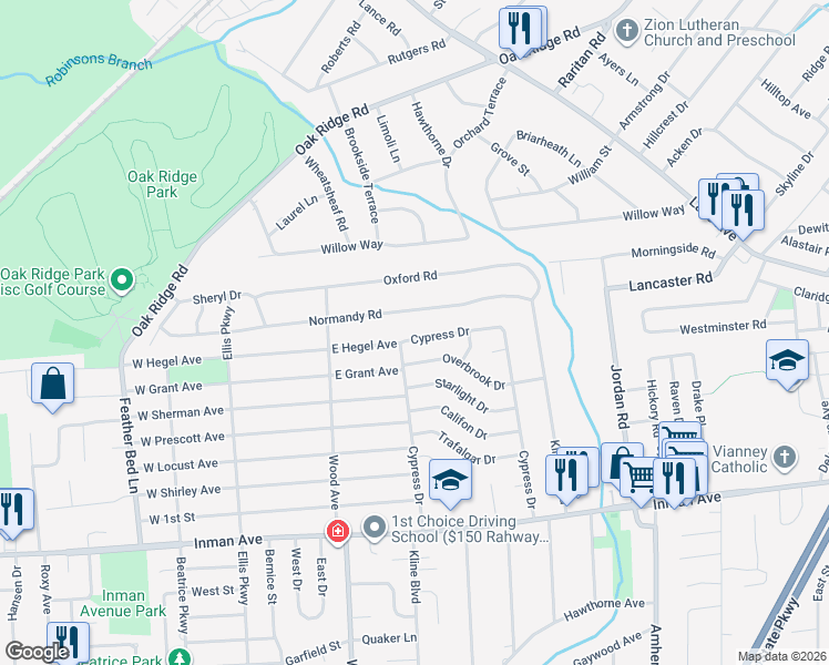 map of restaurants, bars, coffee shops, grocery stores, and more near 223 Cypress Drive in Woodbridge Township