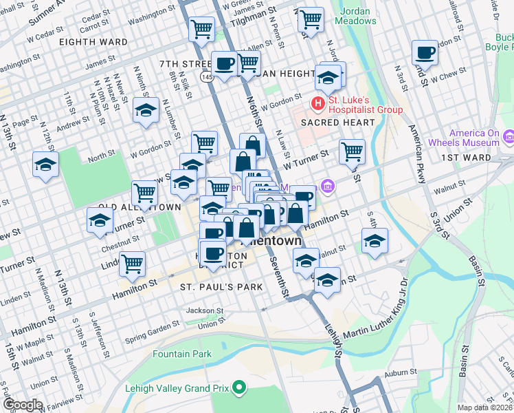 map of restaurants, bars, coffee shops, grocery stores, and more near in Allentown