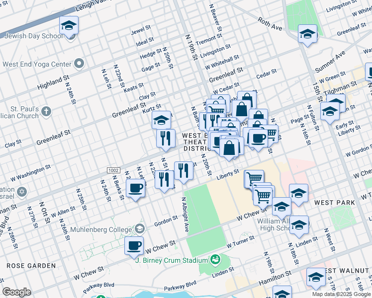 map of restaurants, bars, coffee shops, grocery stores, and more near 622 North Saint Elmo Street in Allentown