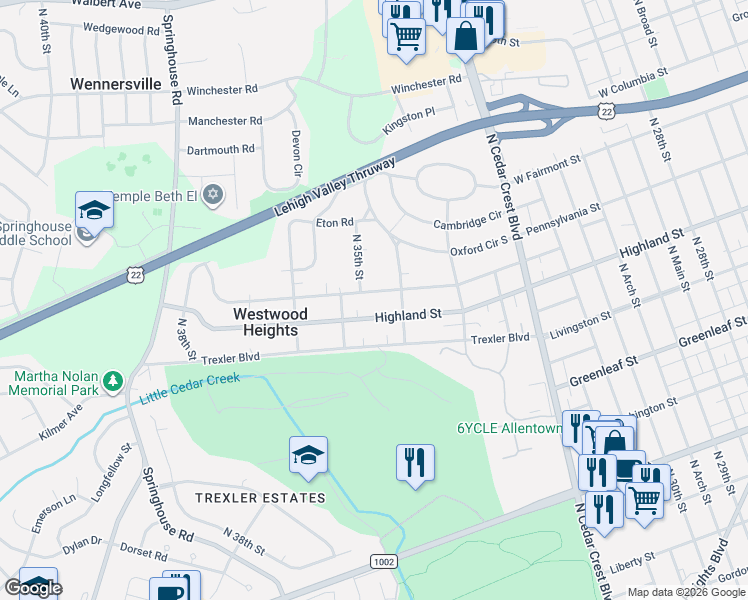 map of restaurants, bars, coffee shops, grocery stores, and more near 3447 West Highland Street in Allentown