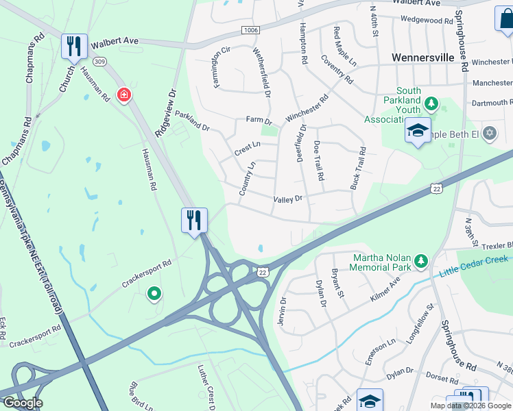 map of restaurants, bars, coffee shops, grocery stores, and more near 4315 Crackersport Road in Allentown