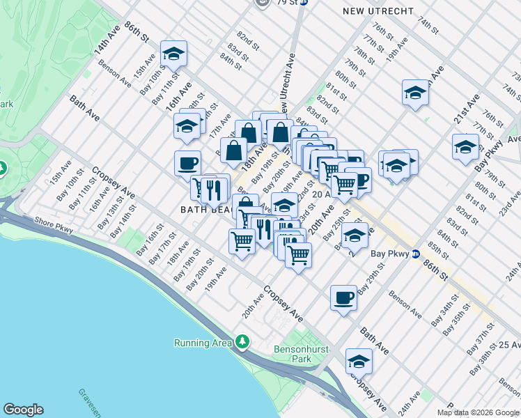 map of restaurants, bars, coffee shops, grocery stores, and more near 1854 Benson Avenue in Brooklyn