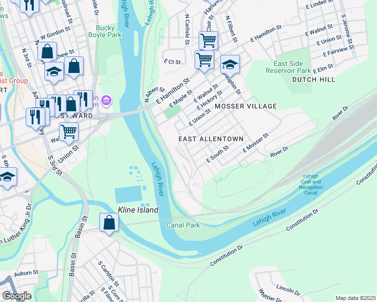 map of restaurants, bars, coffee shops, grocery stores, and more near 351 South Aubrey Street in Allentown