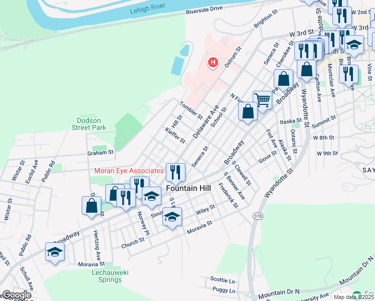 map of restaurants, bars, coffee shops, grocery stores, and more near 1048 Delaware Avenue in Fountain Hill
