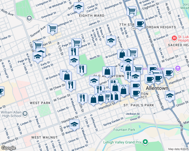 map of restaurants, bars, coffee shops, grocery stores, and more near 242 North 11th Street in Allentown