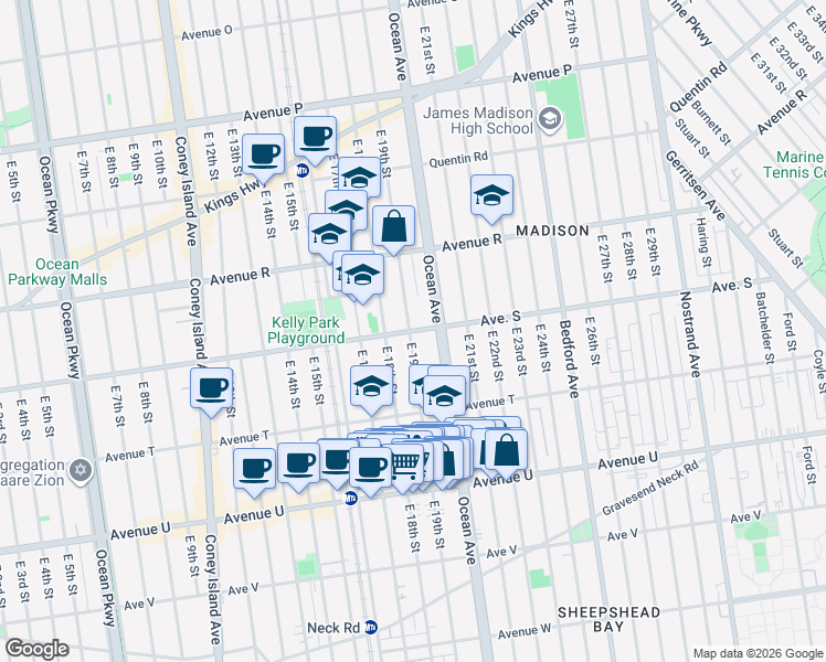 map of restaurants, bars, coffee shops, grocery stores, and more near Avenue S in Brooklyn