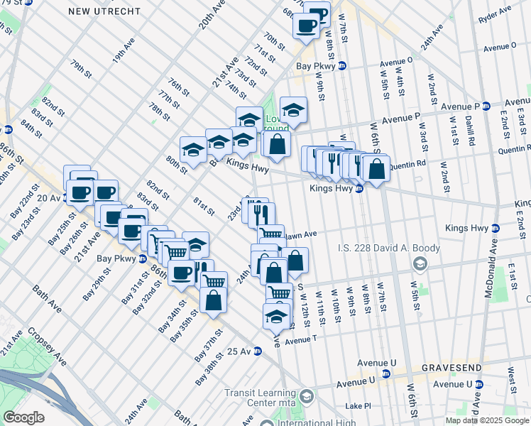 map of restaurants, bars, coffee shops, grocery stores, and more near 1749 Stillwell Avenue in Brooklyn